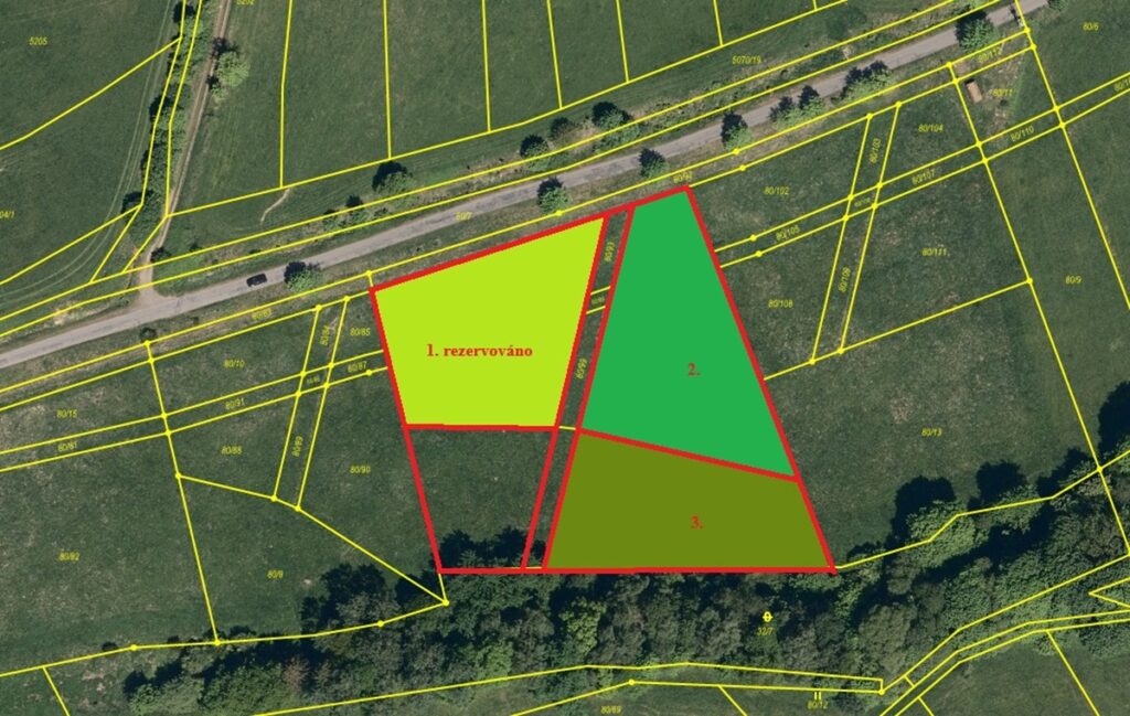 Prodej stavebního pozemku 1891 m² Růžďka 3 592 900 Kč (1 900 Kč/m²), vyznačení pozemku na katastrální mapě